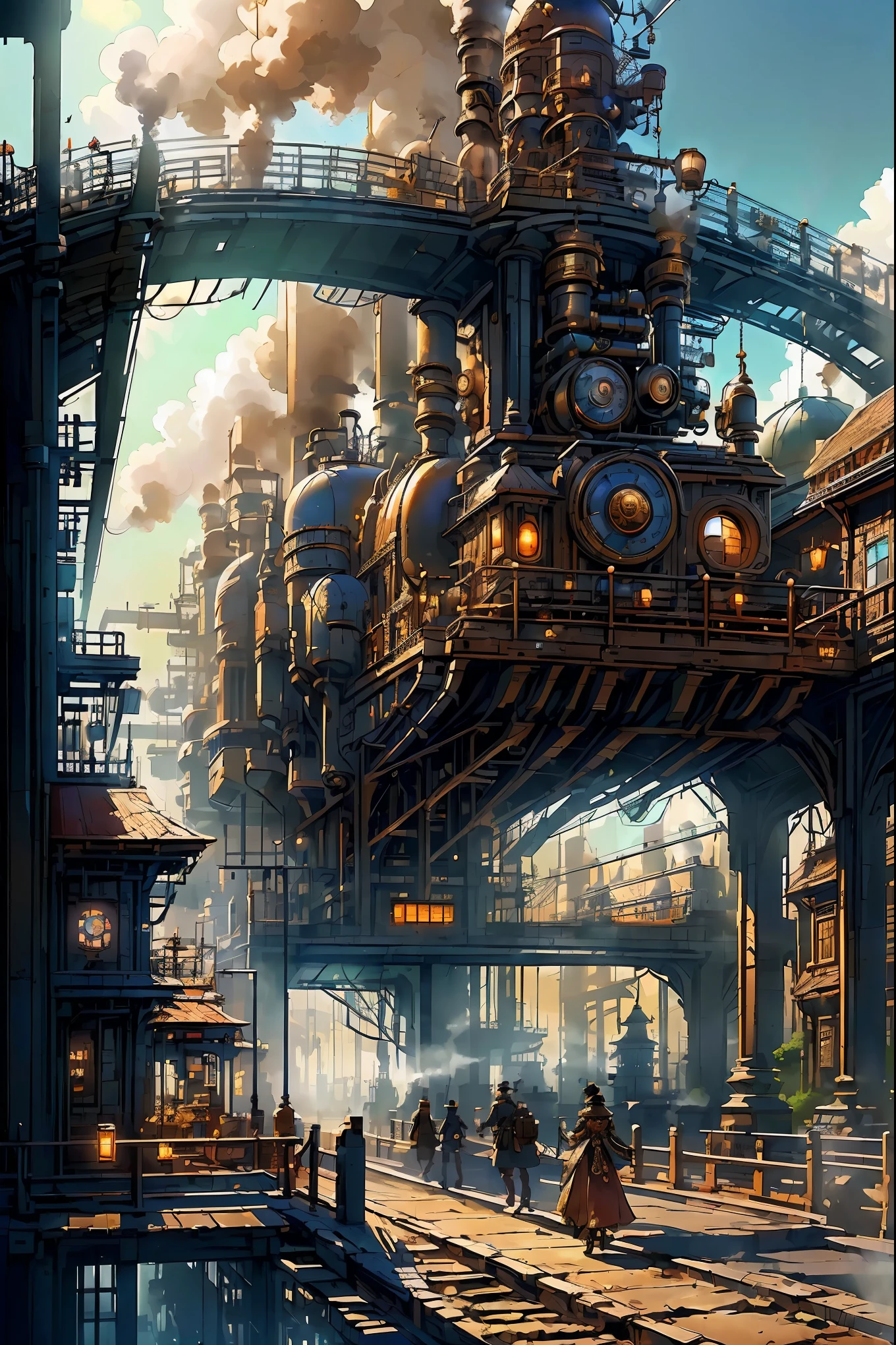 (masterpiece,top quality,best quality,official art,Beautiful and beautiful:1.2),Steampunk, Victorian mechanical world,steam train,smoke,massive clockwork,exquisite machinery, vibrant sunset, neon lights, bustling commercial street, hazy atmosphere, mysterious silhouettes