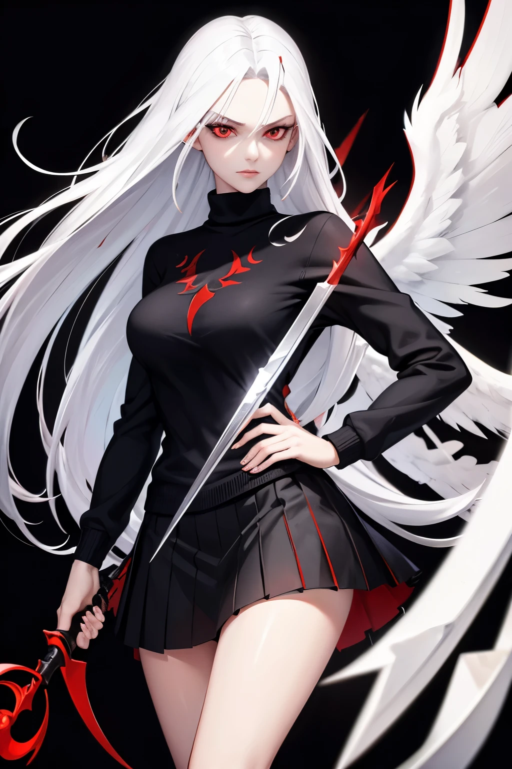 white hair, red eyes, woman, beautiful, plain sweater, black sweater, skirt, black skirt, jojo pose, white hair, red eyes, long hair, very long hair, HD, Realistic Quality Texture, Mindless, white background, wings, white wings, red aura, Not accessories on the hair, Long Sickle, Black Sickle Weapon, Human, Perfect Body, 4k, Shadow, Lighning, Realistic Texture Sickle, Long Sickle