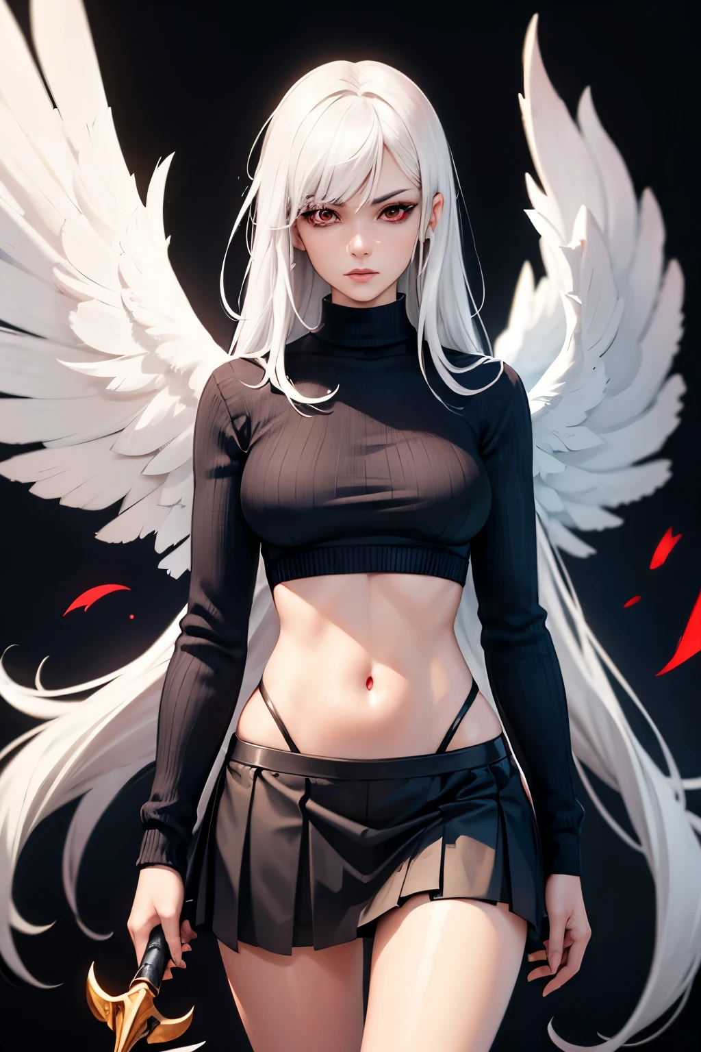 white hair, red eyes, woman, sweater, black sweater, skirt, black skirt, jojo pose, white hair, red eyes, long hair, very long hair, HD, Realistic Quality Texture, Mindless, white background, wings, white wings, red aura, Not accessories on the hair, Long Sickle, Black Sickle Weapon, Human, Perfect Body, 4k, Shadow, Lighning, Realistic Texture Sickle, 