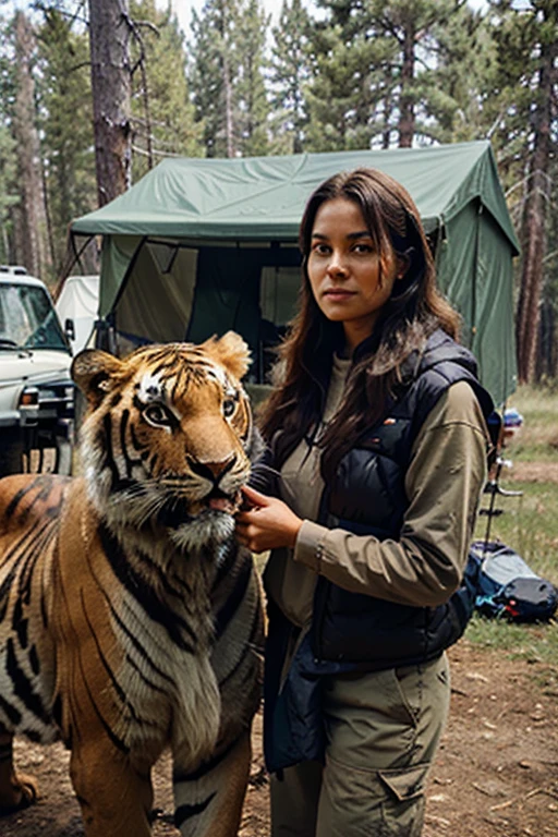 An attractive brunette woman wearing a leopard skin in a desert with a man in hunting clothes.