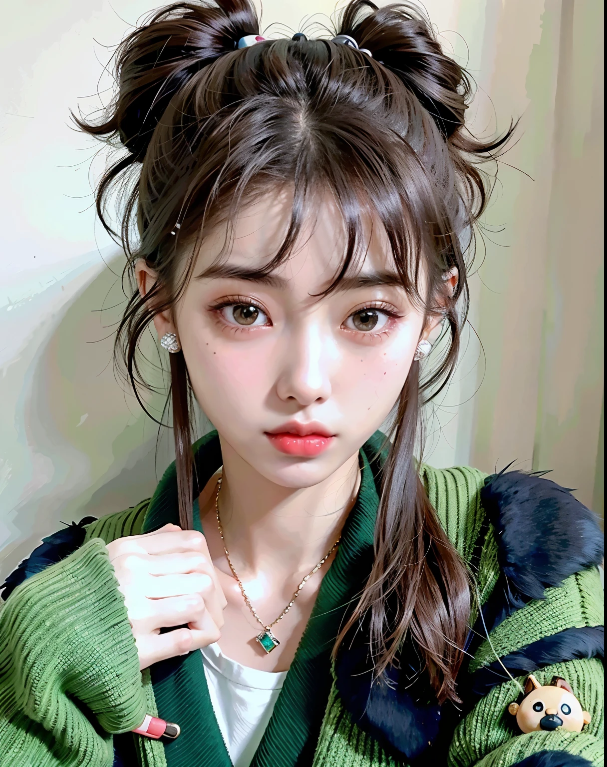 a closeup of a woman wearing a green sweater and a necklace, ulzzang, retrato realista kawaii, brown hair and big eyes, linda cara de anime natural, 🤤 girl portrait, flequillo esponjoso, chica linda-cara-fina, maquillaje suave, maquillaje popular de corea del sur, sakimichan, Tono verde claro hermosa cara, maquillaje coreano popular, cabello limpio con flequillo