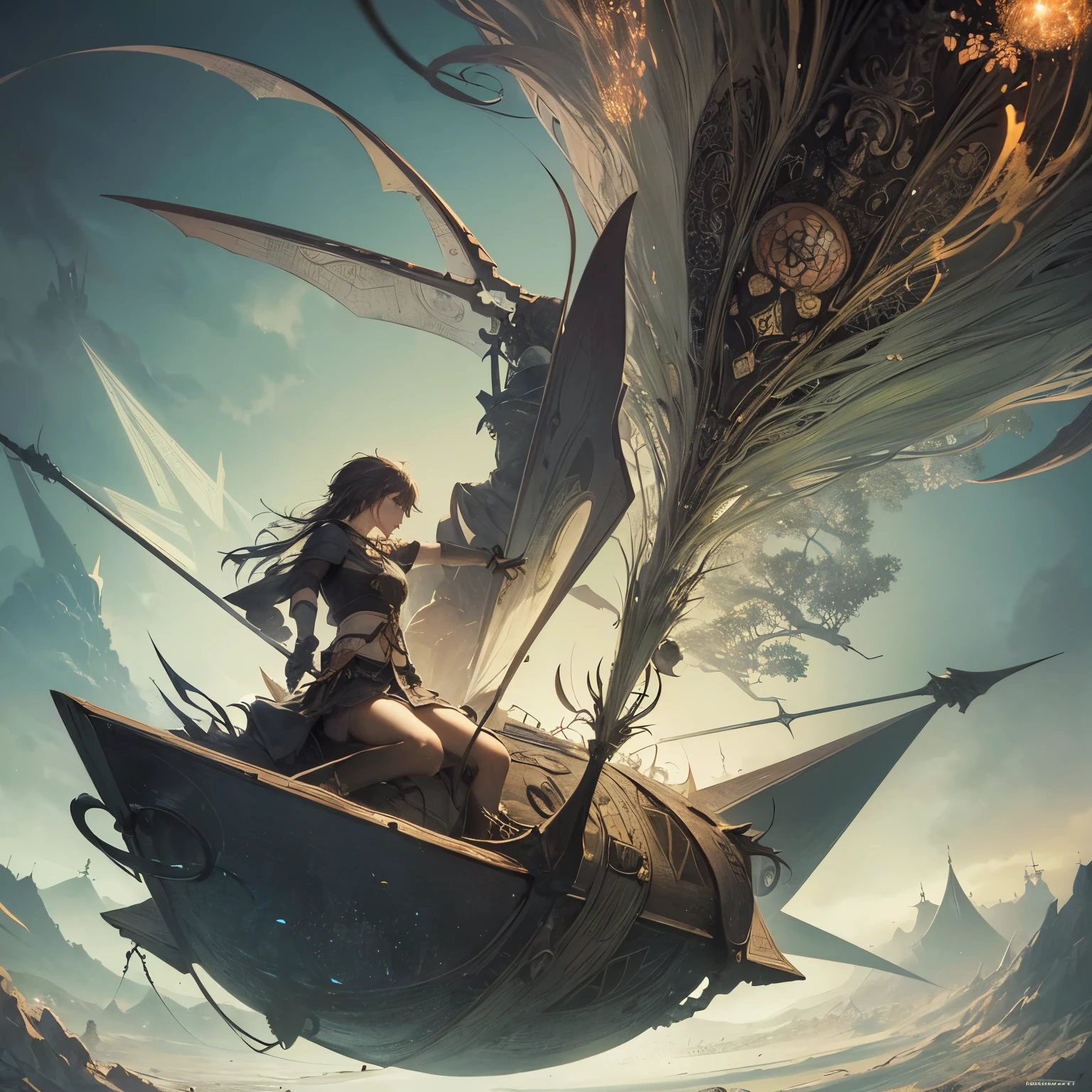 Arthur Rackham, Raphael Delorme, Mysterious, strange, surreal, bizarre, fantasy, Sci-fi, Japanese anime, a swaying triangular pyramid, Alice riding on  floating sphere of various sizes, a beautiful girl in a miniskirt, perfect voluminous body, a diagonal cylinder, detailed masterpiece 