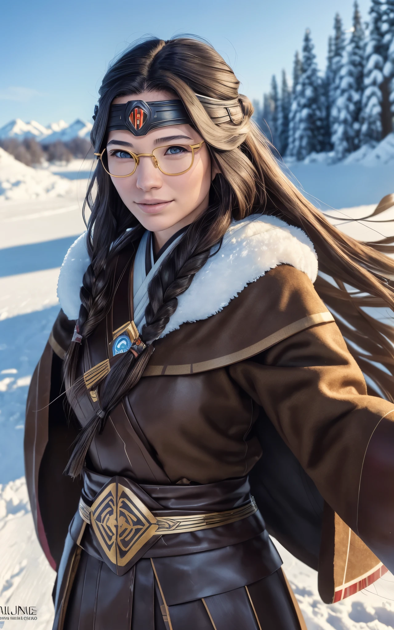 Young ainu woman with the face of (Gal Gadot:Evangeline Lilly), (looking at viewer, light smile, ), brown hair, brown eyes, long hair, hair_flying, Fluttering hair, flying_hair, ((Transparent glasses, glasses, glasses_on_nose)), ((traditional ainu clothes)), sexy, charming, stunning, enhance, delicate, (pale skin, real_skin), sunlight, Winter, snow, Hokkaido, outdoor, best quality, high quality, highres, 8k, photo realistic.