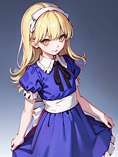 nsfw,tuck up、スカートtuck up、Skirt lifting、Alice showing underwear、美girl、girl、delicate、beautiful, whole body, smile, smile alicesmt, dress, long hair, blonde hair, hair band, dull bangs, puffy sleeves, blue dress, yellow eyes