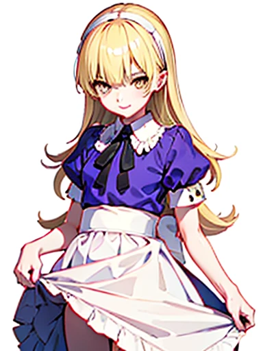 nsfw,tuck up、スカートtuck up、Skirt lifting、Alice showing underwear、美girl、girl、delicate、beautiful, whole body, smile, smile alicesmt, dress, long hair, blonde hair, hair band, dull bangs, puffy sleeves, blue dress, yellow eyes