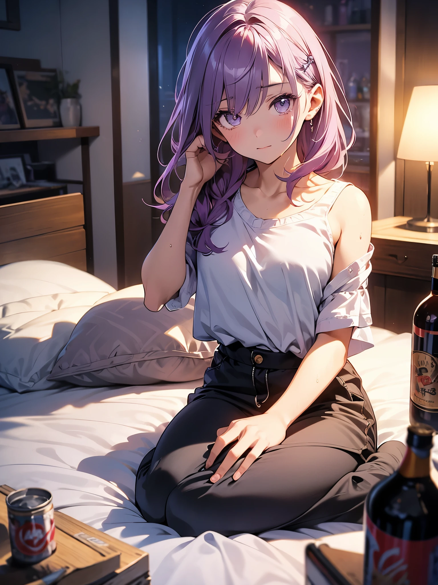 anime style, Movie Portrait Photography, 1 female, 30 years old, Full body Esbian, small and meager chest, bright purple hair, long hair, purple eyes, blue background eyes、eye make up,Gorgeous bed，Floor-to-ceiling night lights，floor to ceiling clear glass door，From the morning,元気よくmasturbation,purple theme,pretend to be asleep、Getting into bed,clear eyes,masturbation,sweat sweat,blush、Wet、Pants dig into、muscular pussy、Bed stains,Sloppy、Sloppy格好,short pants、T-back,Lying down in a ridiculous position、dirty room,cans of alcohol,(natural skin texture 鮮やかな詳細, surreal, (realistic detailed eyes, natural skin texture, realistic facial details), soft and dramatic lighting