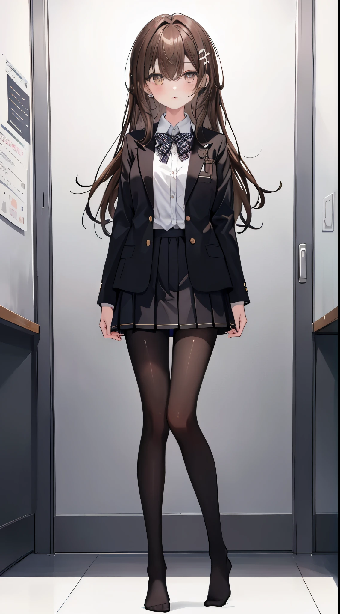 finest, masterpiece, High resolution, (Full body view from head to toe), front, frontやや下からの構図, Symmetrical, 18 year old girl, alone, (whole body from head to toe), small breasts, brown hair, slightly messy hair, long hair, bangs, (black tights), ( (black pantyhose), black pantyhose, (M-shaped legs), show me your white panties, Slender legs, とても美しい18 year old girl, (not wearing shoes), blush, shy big eyes, messy hair, looking at camera, Blazer uniform appearance、Checkered pleated skirt