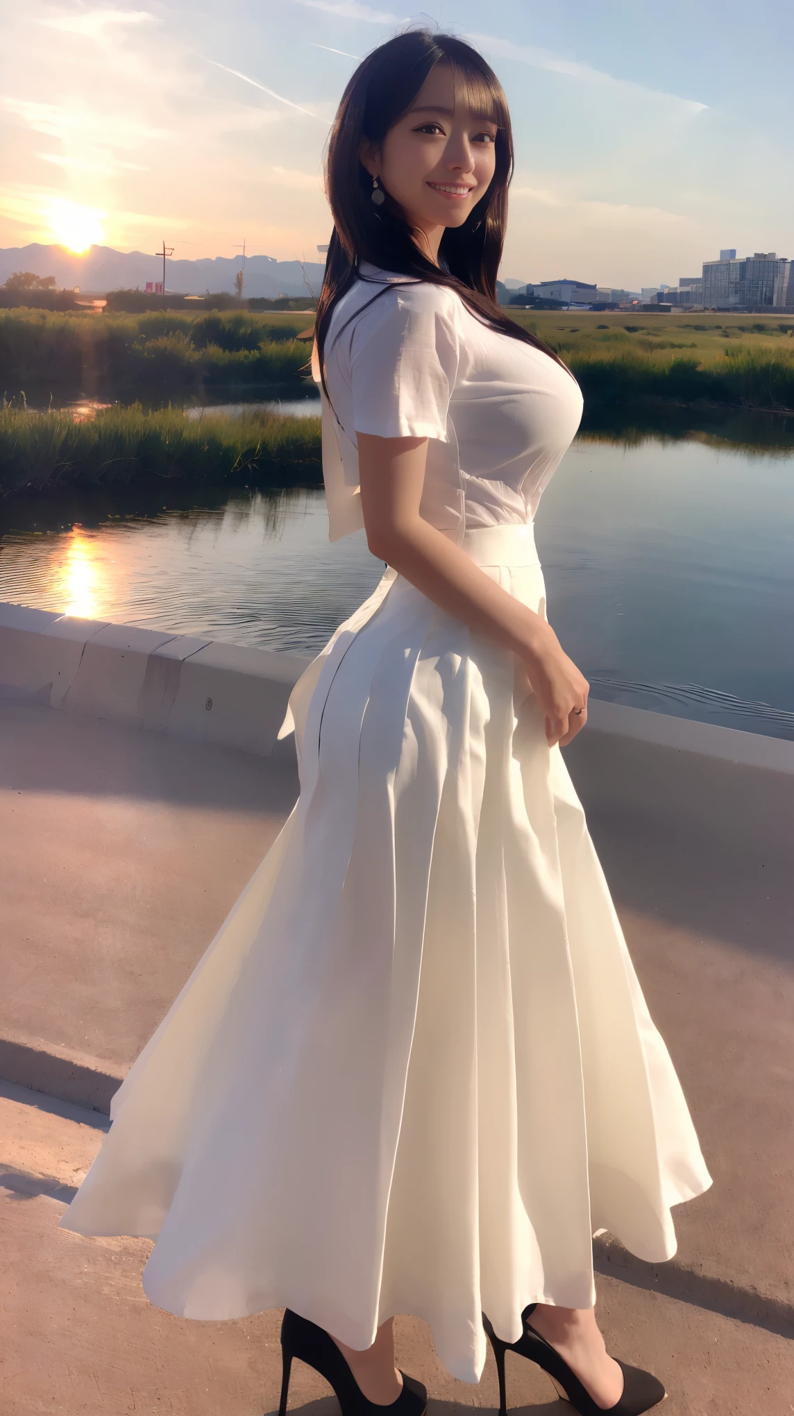 (8K、ultra high resolution、highest quality、masterpiece、realistic、ultra high resolution)、(big breasts、Always wear a white shirt、Always wear a long skirt:1.28)(Beautiful sunset riverbed、Must have long black hair:1.18)japanese woman、cute smile、high heels