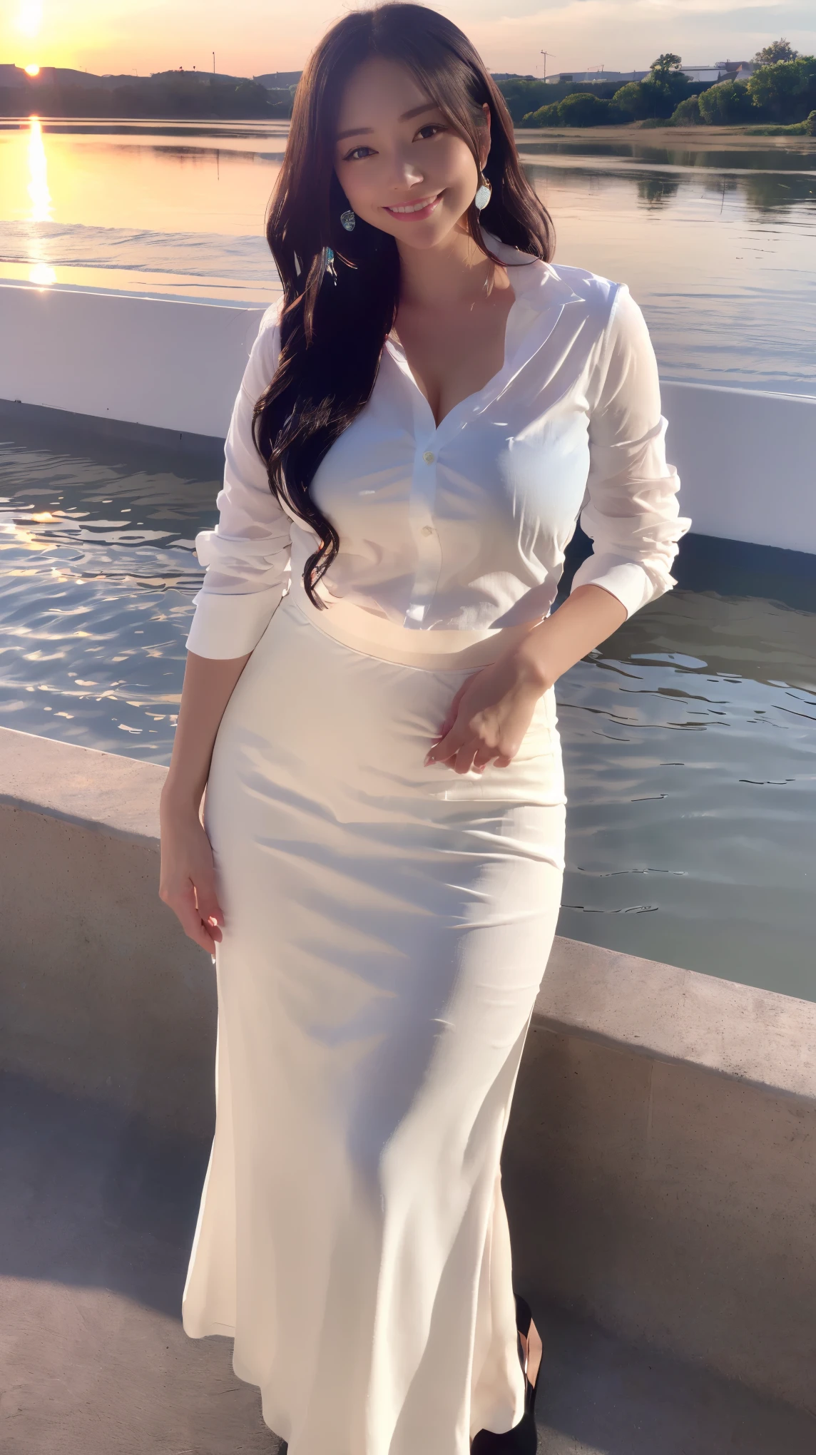 (8K、ultra high resolution、highest quality、masterpiece、realistic、ultra high resolution)、(big breasts、Always wear a white shirt、Always wear a long skirt:1.28)(Beautiful sunset riverbed、Must have long black hair:1.18)japanese woman、cute smile、high heels