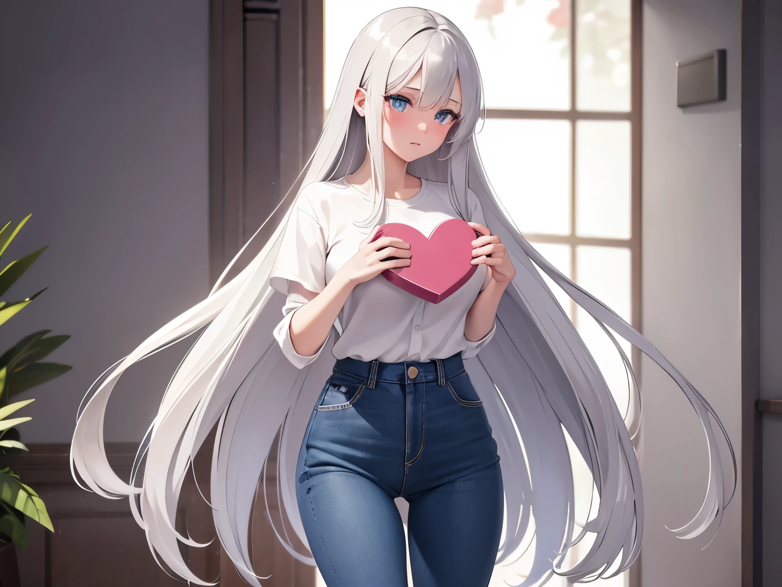 White long hair, dark silver colored eyes, clear eyes, proper eyes, detailed eyes, big , proper face, beautiful face, mature face, fit thighs, mature, 8K, High res, tight jeans, girlfriend look, holding gift box, heart shaped box, blushing, full body picture, more blushing, 