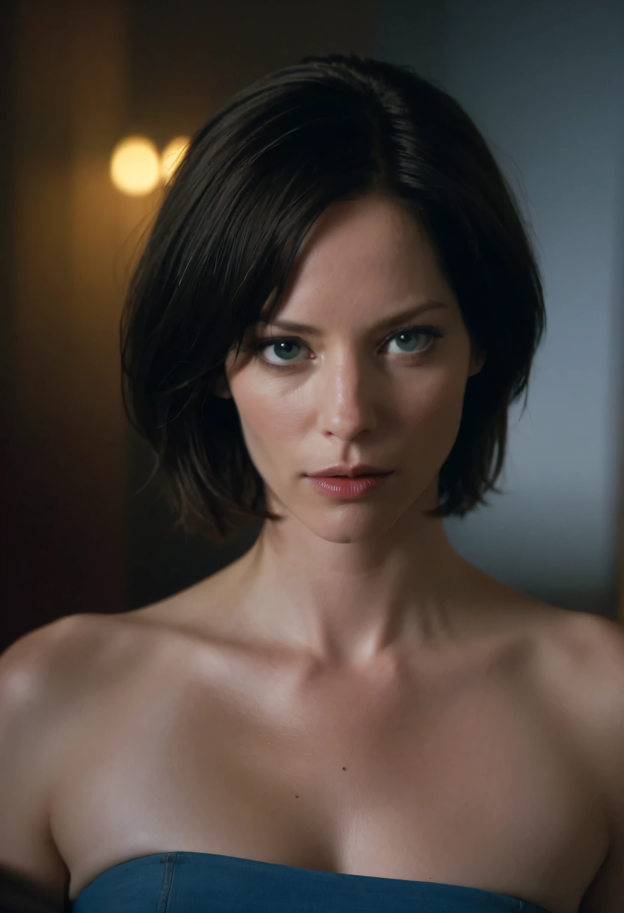 candid photograph of (JillVApocalypse), wearing a blue strapless shirt, Sienna Guillory, Black hair, perfect anatomy, holster, close-up shot, holding cigarette, detailed face, highly detailed, high budget, bokeh, cinemascope, moody, epic, gorgeous, film grain, grainy, close-up shot, Canon M50, Black Boots, full body, volumetric lighting