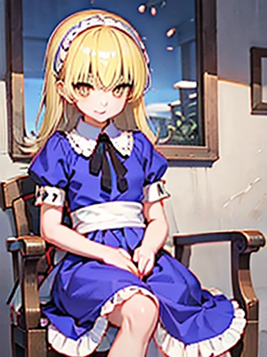 nsfw,sit on a chair、tuck up、スカートtuck up、Skirt lifting、Alice、美girl、girl、delicate、beautiful, whole body, smile, smile alicesmt, dress, long hair, blonde hair, hair band, dull bangs, puffy sleeves, blue dress, yellow eyes