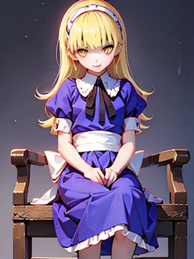 nsfw,sit on a chair、tuck up、スカートtuck up、Skirt lifting、Alice、美girl、girl、delicate、beautiful, whole body, smile, smile alicesmt, dress, long hair, blonde hair, hair band, dull bangs, puffy sleeves, blue dress, yellow eyes