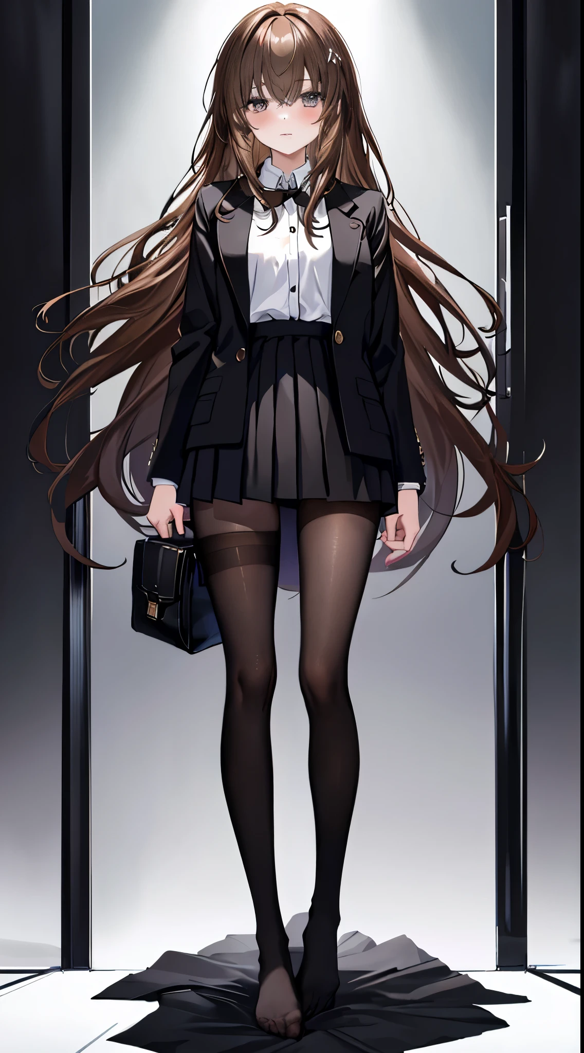 finest, masterpiece, High resolution, (Full body view from head to toe), front, frontやや下からの構図, Symmetrical, 18 year old girl, alone, (whole body from head to toe), small breasts, brown hair, slightly messy hair, long hair, bangs, (black tights), ( (black pantyhose), black pantyhose, (M-shaped legs), show me your white panties, Slender legs, とても美しい18 year old girl, (not wearing shoes), blush, shy big eyes, messy hair, looking at camera, Blazer uniform appearance、Checkered pleated skirt