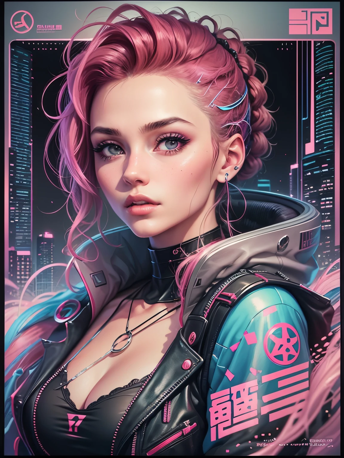 (poster) y2k aesthetic big pink logo, grid, (beautiful woman), text, logos, ((blackletter bold lettering)), colours, colorful, (beautiful, stunning, gorgeous), intricate, detailed, stylish, cyberpunk style, vaporwave aesthetic, shaved sides, neon, graphic design, (photorealistic:1.35),