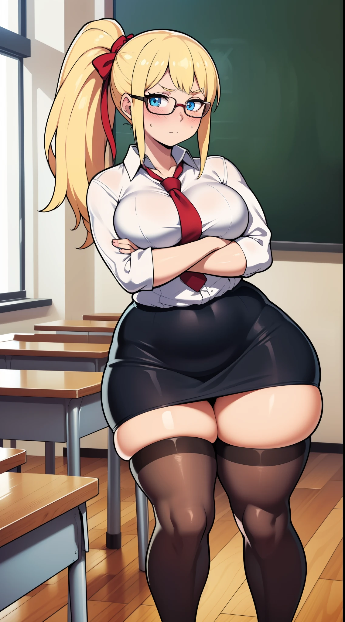 , ((highres)),Masterpiece, high quality, best quality, beautiful, perfect lighting, detailed face, ultra cute face, ((1girl)), ((solo), long blonde hair, ponytail, blue eyes, glasses, embarrassed look, masochist, aroused, ((blush)), looking at viewer, arms crossed, standing in a classroom, (classroom), daytime, dress shirt, pencil skirt, (tight clothes), (pudgy), (thigh highs), (wide hips), ((thick thighs)), medium breasts, perky breasts, 24 year old female,