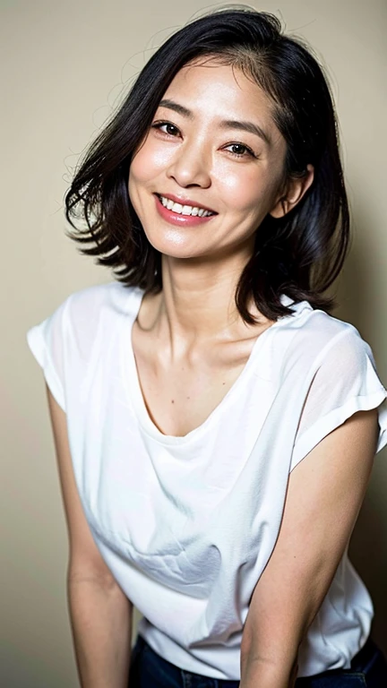 (highest quality, 8K, 32K, masterpiece, UHD:1.2),beautiful woman pictures, 50-year-old Japanese woman with age-appropriate wrinkles, natural makeup, and flat chest, smile, (Wrinkles:1.5) at the corners of the eyes, (laugh lines), wrinkled skin, thin lips, slender face, long-slitted eyes, ((whole body)),Are standing,face focus, extra large size_white t-shirt,one person,morning,nature,healthy,stylish,Good posture,sporty,simple room,Fashion Model,Up Hairstyles