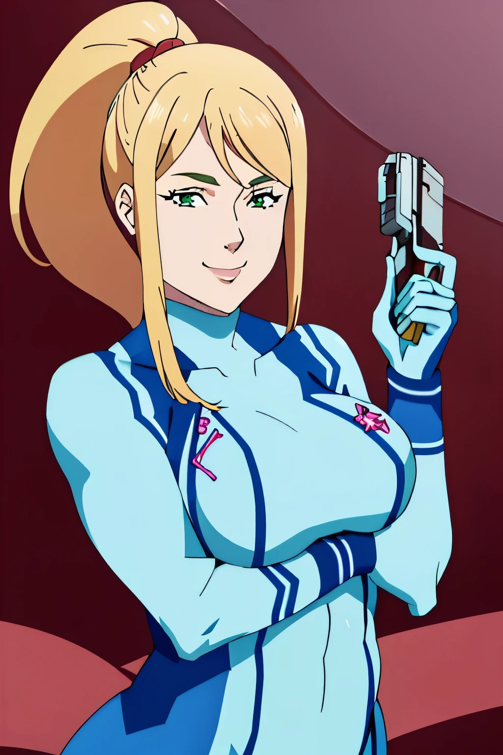 samus,1girl, solo, long hair, breasts, looking at viewer, bangs, blonde hair, large breasts, holding, green eyes, ponytail, w bodysuit, covered navel, muscular, abs, mole under mouth, skin tight, curvy female, blue bodysuit, zero suit,zero suit, blue gloves, simpossible bodysuit, samus aran, ship corridor, background masterpiece, best quality, smile, 1girl, anime style, upper body, (((large breasts 1.3))), ((mature female 1.3)), holding pistol,
invincible