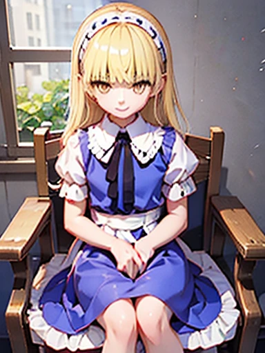 nsfw,sit on a chair、have a skirt、tuck up、スカートtuck up、Skirt lifting、Alice、美girl、girl、delicate、beautiful, whole body, smile, smile alicesmt, dress, long hair, blonde hair, hair band, dull bangs, puffy sleeves, blue dress, yellow eyes