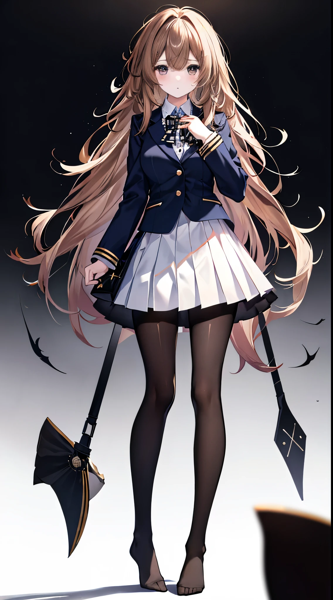 finest, masterpiece, High resolution, (Full body view from head to toe), front, frontやや下からの構図, Symmetrical, 18 year old girl, alone, (whole body from head to toe), small breasts, brown hair, slightly messy hair, long hair, bangs, (black tights), ( (black pantyhose), black pantyhose, (M-shaped legs), show me your white panties, Slender legs, とても美しい18 year old girl, (not wearing shoes), blush, shy big eyes, messy hair, looking at camera, Blazer uniform appearance、Checkered pleated skirt