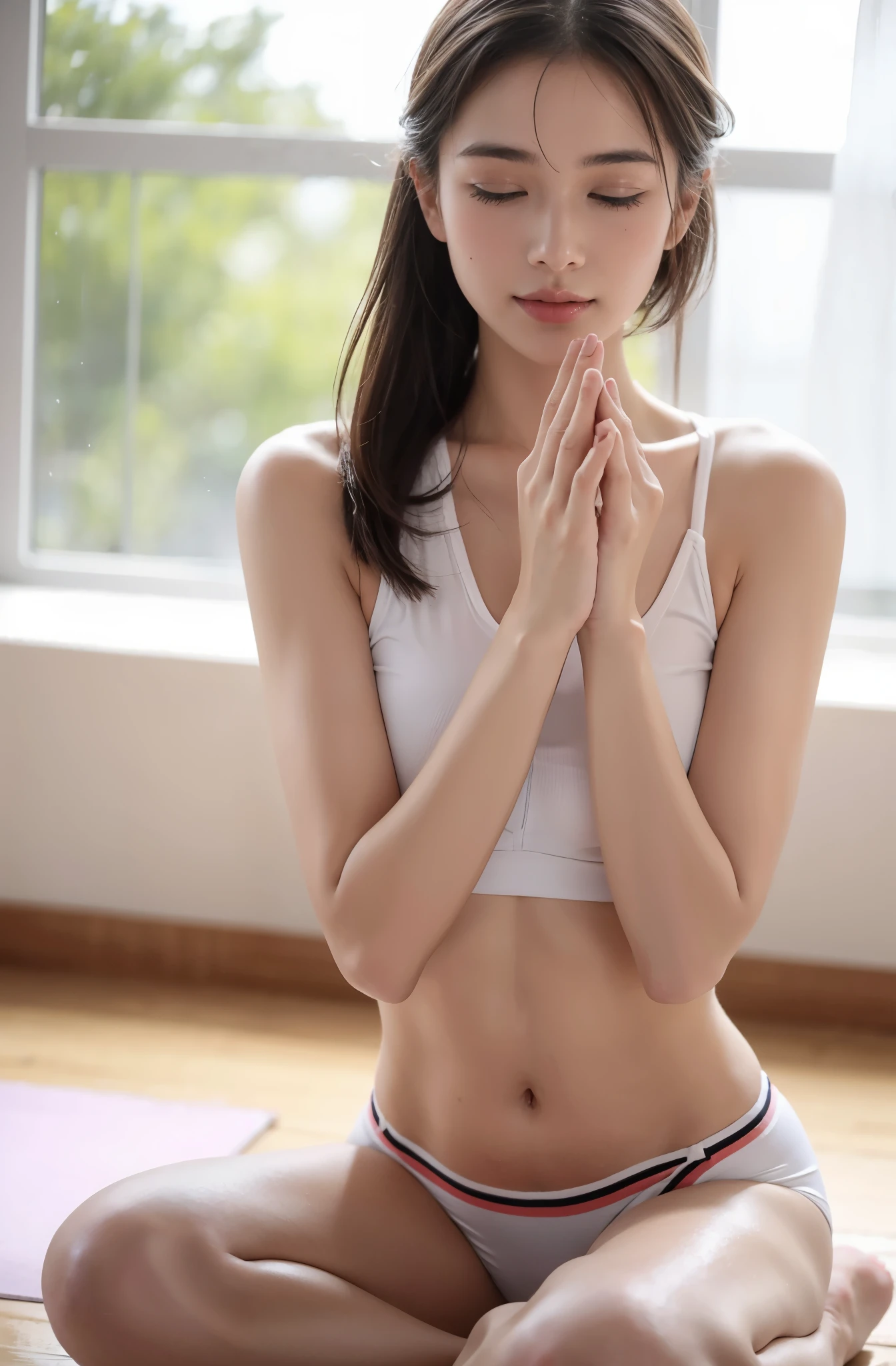 Standing or sitting, yoga pose, hands in prayer,