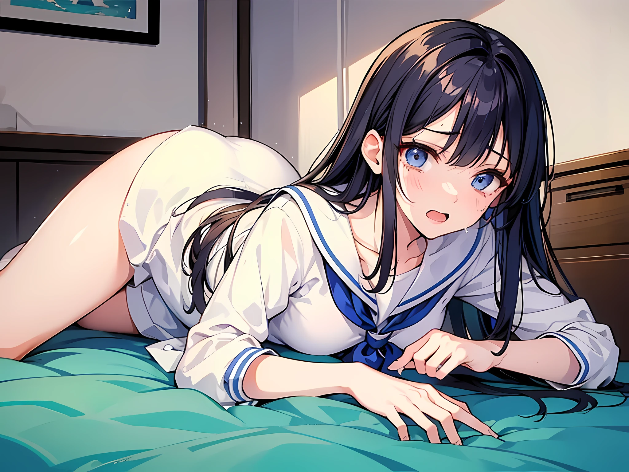 1 girl, wearing sailor uniform, laying down on floor, crying loudly, open mouth, sad facial expression, black hair, long hair, face to detail, detailed eyes, full-body illustration, perfect hands
