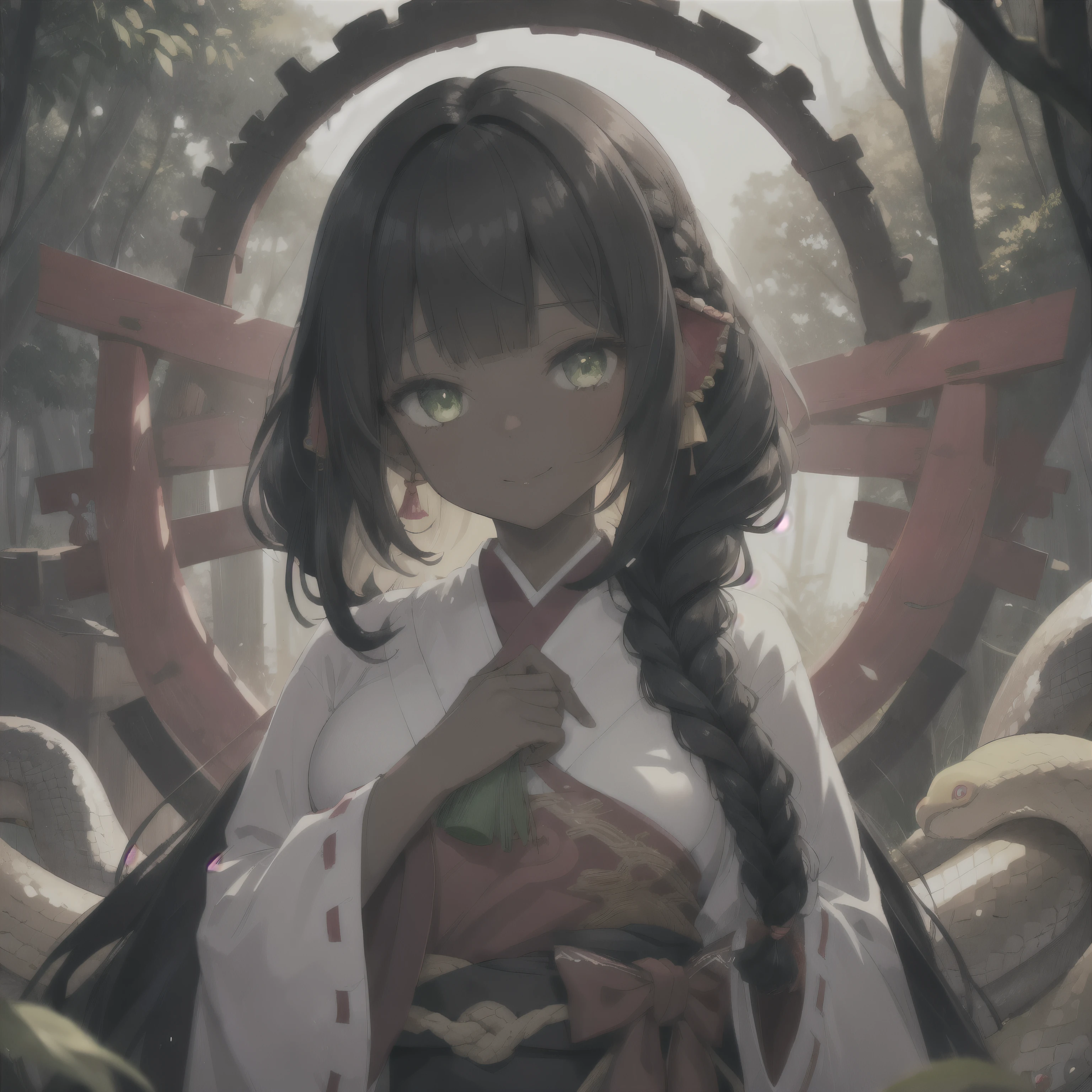 1 girl, black skin,Not human ears,wearing miko clothes,laughter,middle chest,snake layer, long black hair with french braids,dull bangs,snake eye shape, green eyes, multiple tails, desolate forest, be familiar with,