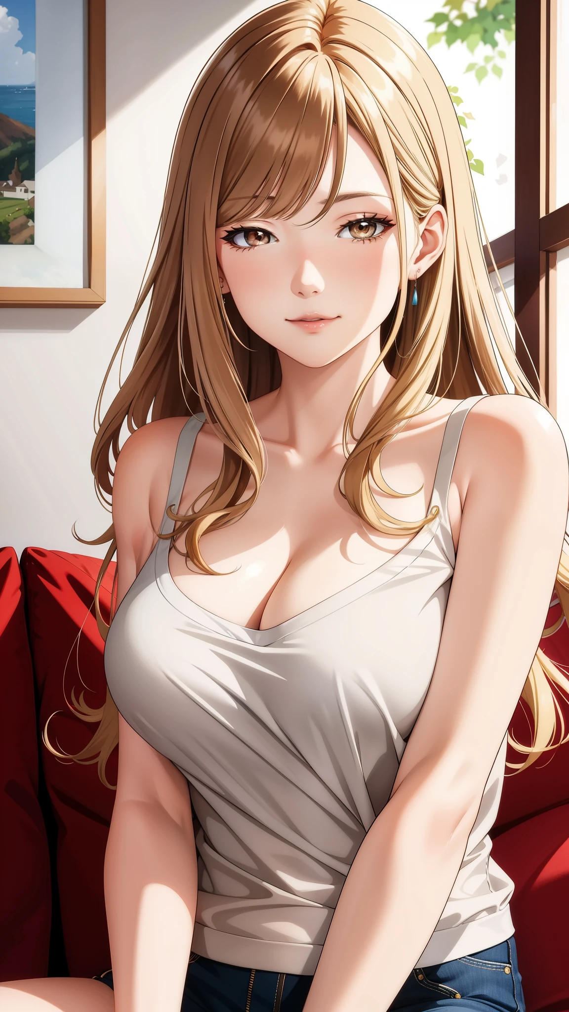 (best quality, highres), portrait, older sister type adult woman, refined, long hair, swept-side bangs, [[[brown hair]]], blonde hair, brown eyes, living room, casual clothes, cleavage, ultra-detailed, soft light, vibrant colors