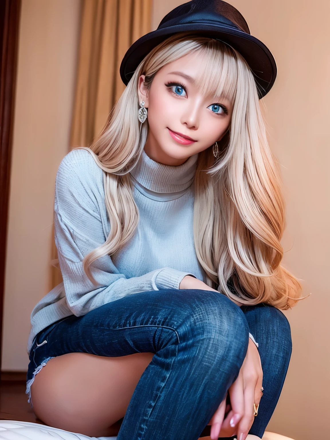 very beautiful Asian girl,alone,mature woman,路上でalone,white turtleneck long sleeve sweater,denim short,shiny black sea hat(This is a very delicate and beautiful work.:1.2)super model figures,supermodel height,very beautiful girl,perfect diagram example,slim and toned body,tight body shape,Plump,perfect body curves,of the skin,Clear and elegant skin quality(Advanced skin details:1.1)perfect korean idol face,nice and beautiful smile,long golden hair,head of bright golden wavy hair,Clear and fine-textured hair(premium hair detail:1.1),exquisite eye makeup,delicate eye details,blue eyes(advanced eye details:1.1)Best example of 4 fingers and 1 thumb,Legs with perfect proportions of thighs and calves(jade foot)wear earrings,choker necklace,bracelet,sweater series,jeans series,photographic works,best work,highest quality,super sophisticated,very high resolution,aloneの撮影
