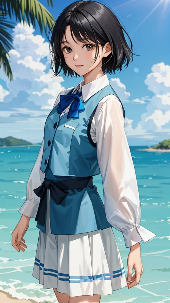 Kaikokoai, Exactly like Kaikokoai, STU48 Single Lover Costume, short hair, black hair, one girl, 18-year-old, vest, photograph, realistic, highest quality, adopted, detailed face, strong sunlight, Ocean, embankment, detailed background, diffused sunlight, Depth of bounds written, Bokeh (highest quality: 1.2), (masterpiece: 1.2), view audience, blue theme, beige theme, black hair,