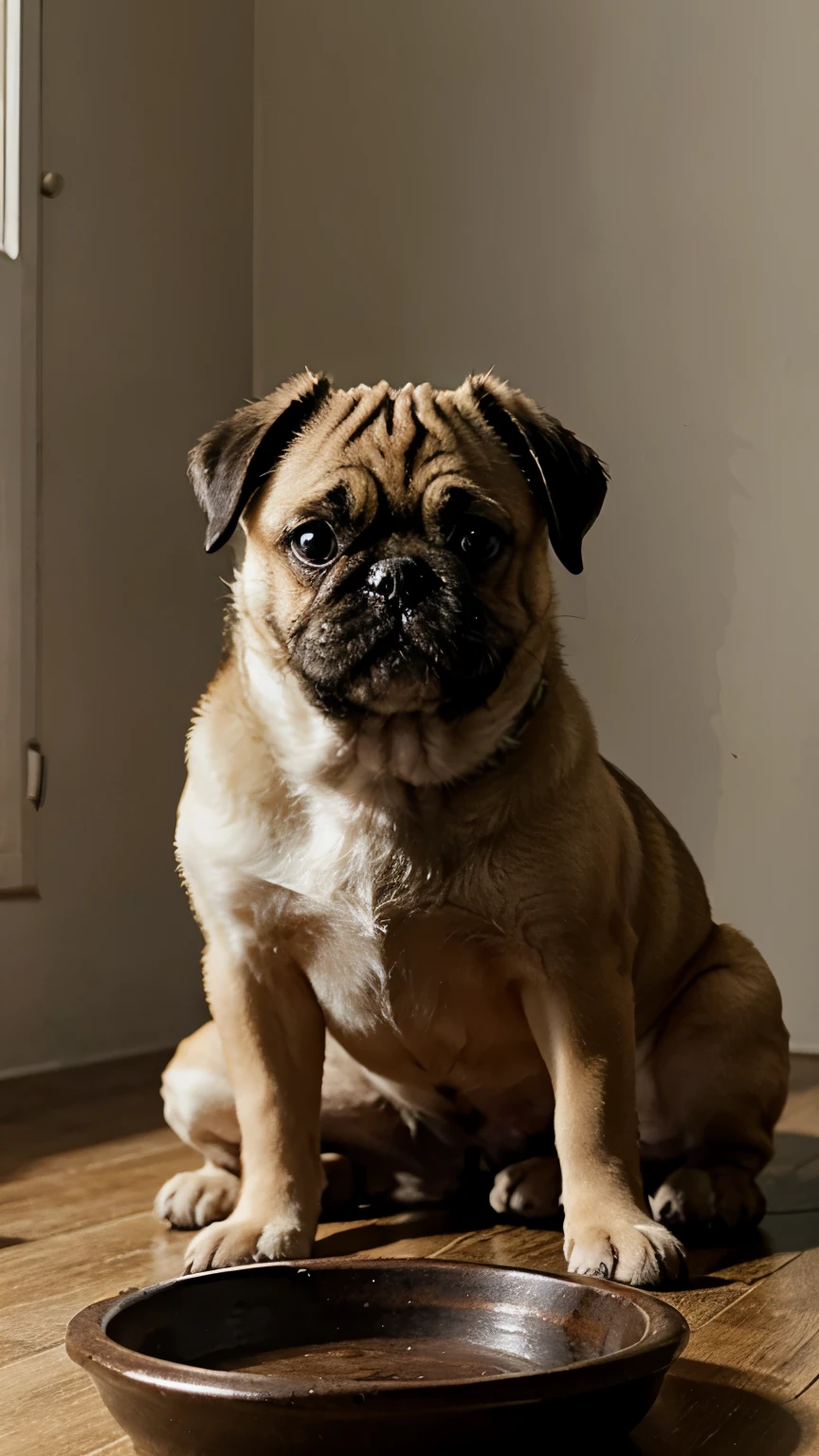 puppy pug sitting on floort besides his bowl, head slightly tilted, (detailed)