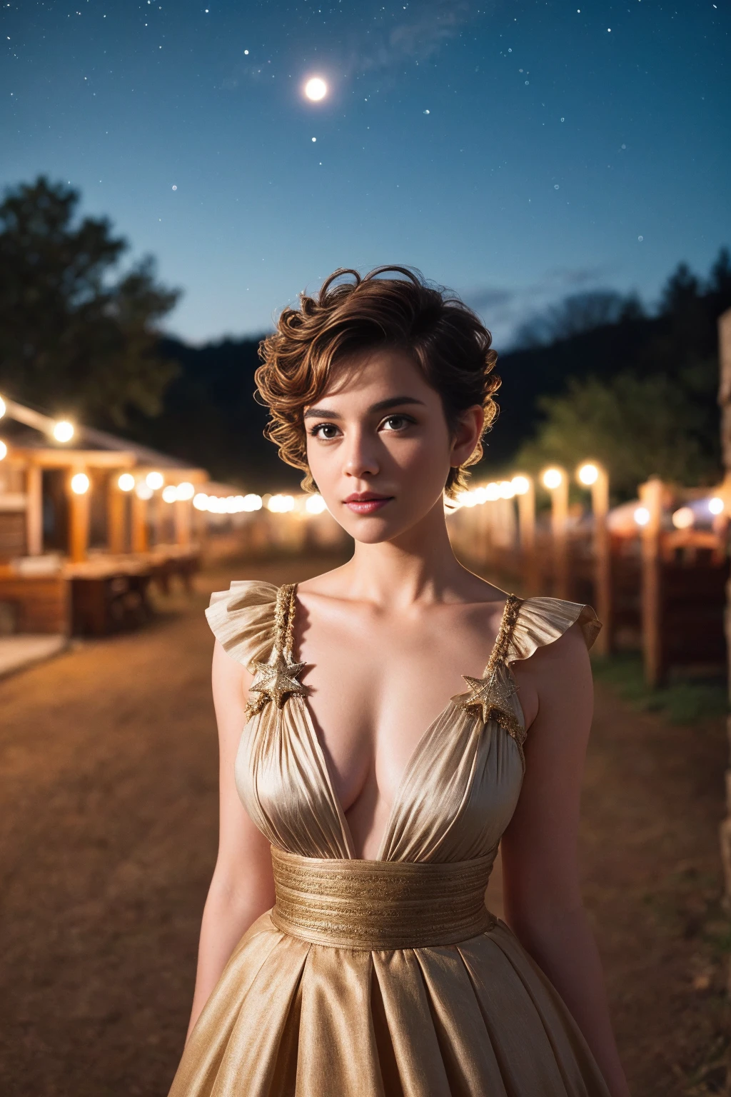 star \(sky\), park, town, skirt,
{wavy updo|natural wavy|wavy pixie cut}, looking at viewer, (cinematic:0.7), depth of field, 
masterpiece, best quality, outdoors, night,
lady, cowboy shot, thighhighs, curious face,