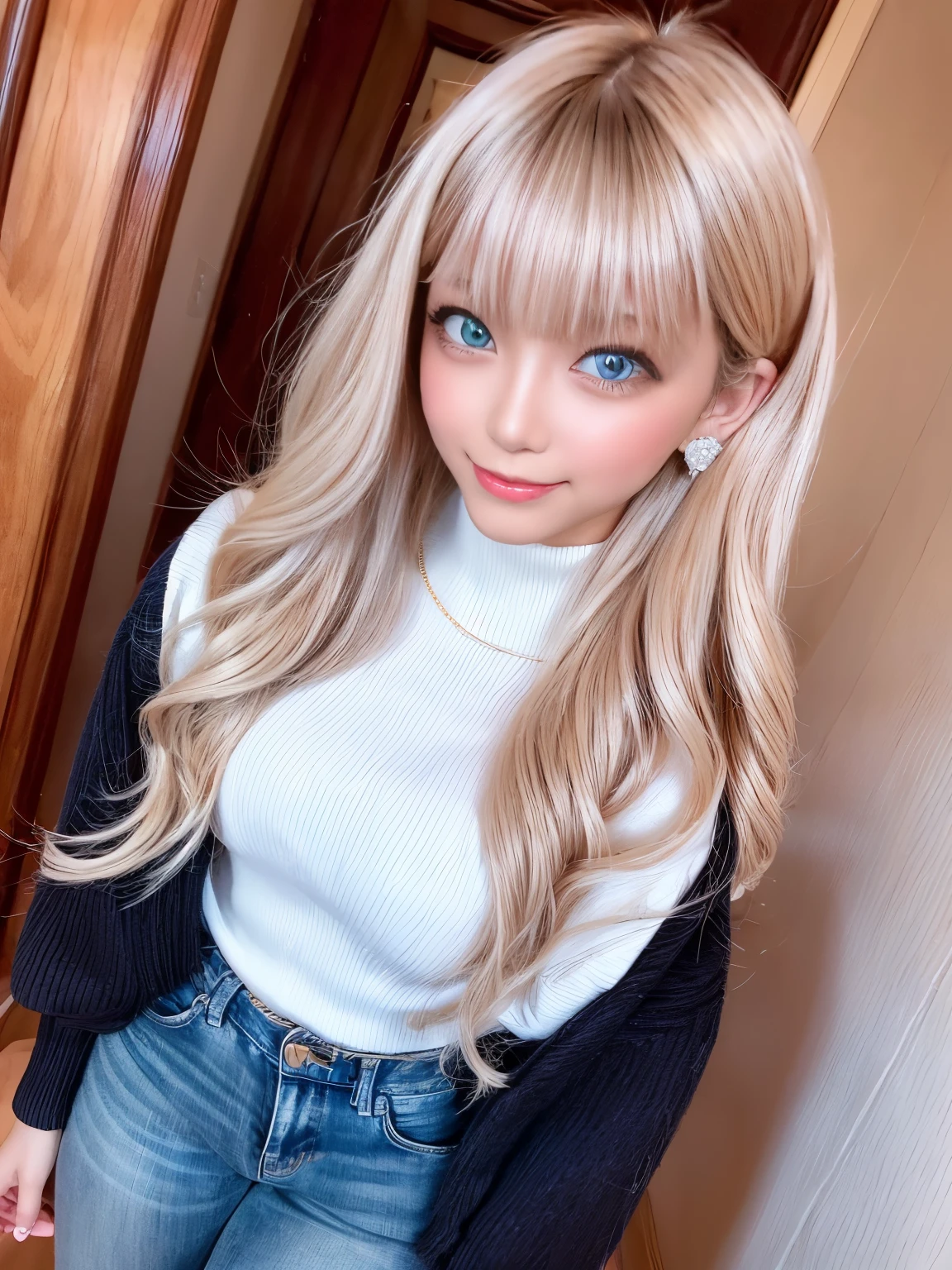very beautiful Asian girl,alone,mature woman,路上でalone,white turtleneck long sleeve sweater,denim short,shiny black sea hat(This is a very delicate and beautiful work.:1.2)super model figures,supermodel height,very beautiful girl,perfect diagram example,slim and toned body,tight body shape,Plump,perfect body curves,of the skin,Clear and elegant skin quality(Advanced skin details:1.1)perfect korean idol face,nice and beautiful smile,long golden hair,head of bright golden wavy hair,Clear and fine-textured hair(premium hair detail:1.1),exquisite eye makeup,delicate eye details,blue eyes(advanced eye details:1.1)Best example of 4 fingers and 1 thumb,Legs with perfect proportions of thighs and calves(jade foot)wear earrings,choker necklace,bracelet,sweater series,jeans series,photographic works,best work,highest quality,super sophisticated,very high resolution,aloneの撮影