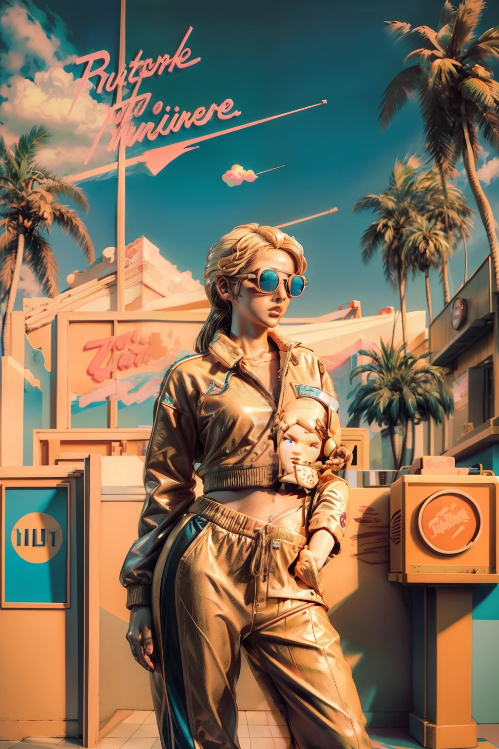 (((retro artstyle))) ((masterpiece)) A girl with blonde hair , sunglasses , retro track jacket , retro sweatpants , full body portrait , neutral expression , (vaporwave aesthetic) , palm trees , bust figure , vinyl records , japanese letters , vivid ,