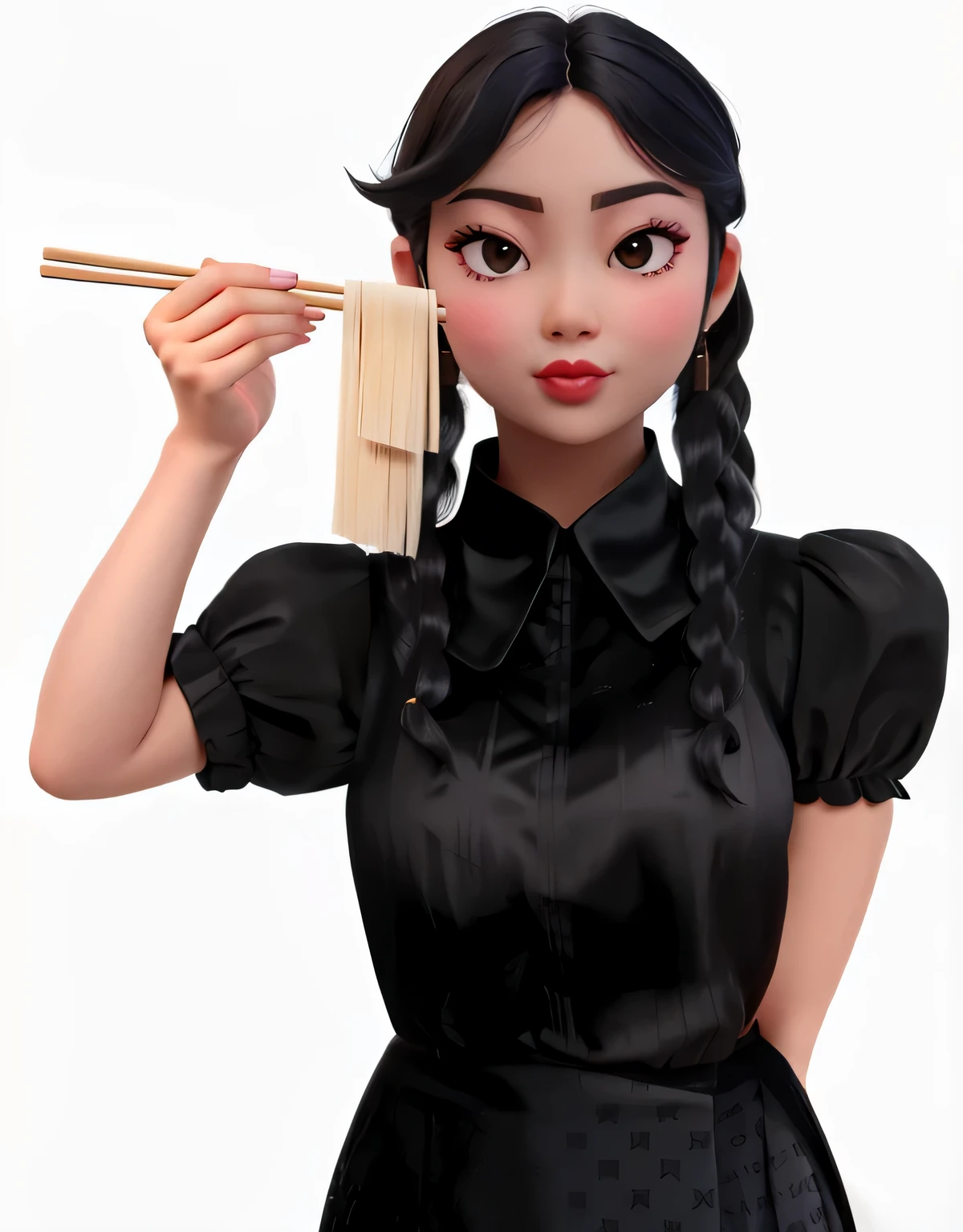 black ethnic wear，puff sleeves，Holding chopsticks，half cut sleeves