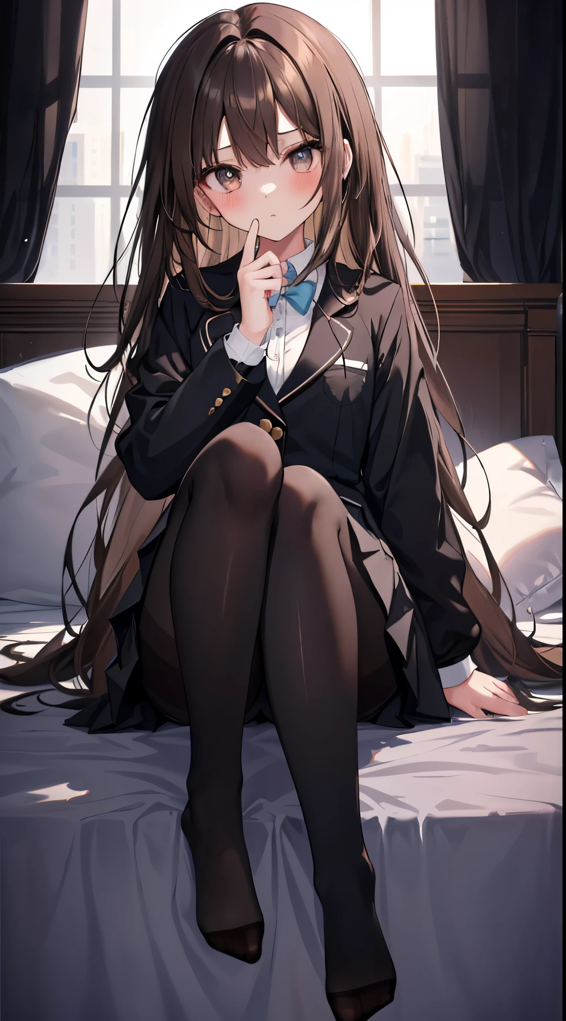 finest, masterpiece, High resolution, (Full body view from head to toe), front, frontやや下からの構図, Symmetrical, 18 year old girl, alone, (whole body from head to toe), small breasts, brown hair, slightly messy hair, long hair, bangs, (black tights), ( (black pantyhose), black pantyhose, Sitting in the bedroom, (M-shaped legs), show me your white panties, Slender legs, とても美しい18 year old girl, (not wearing shoes), blush, shy big eyes, messy hair, looking at camera, Blazer uniform appearance、Checkered pleated skirt