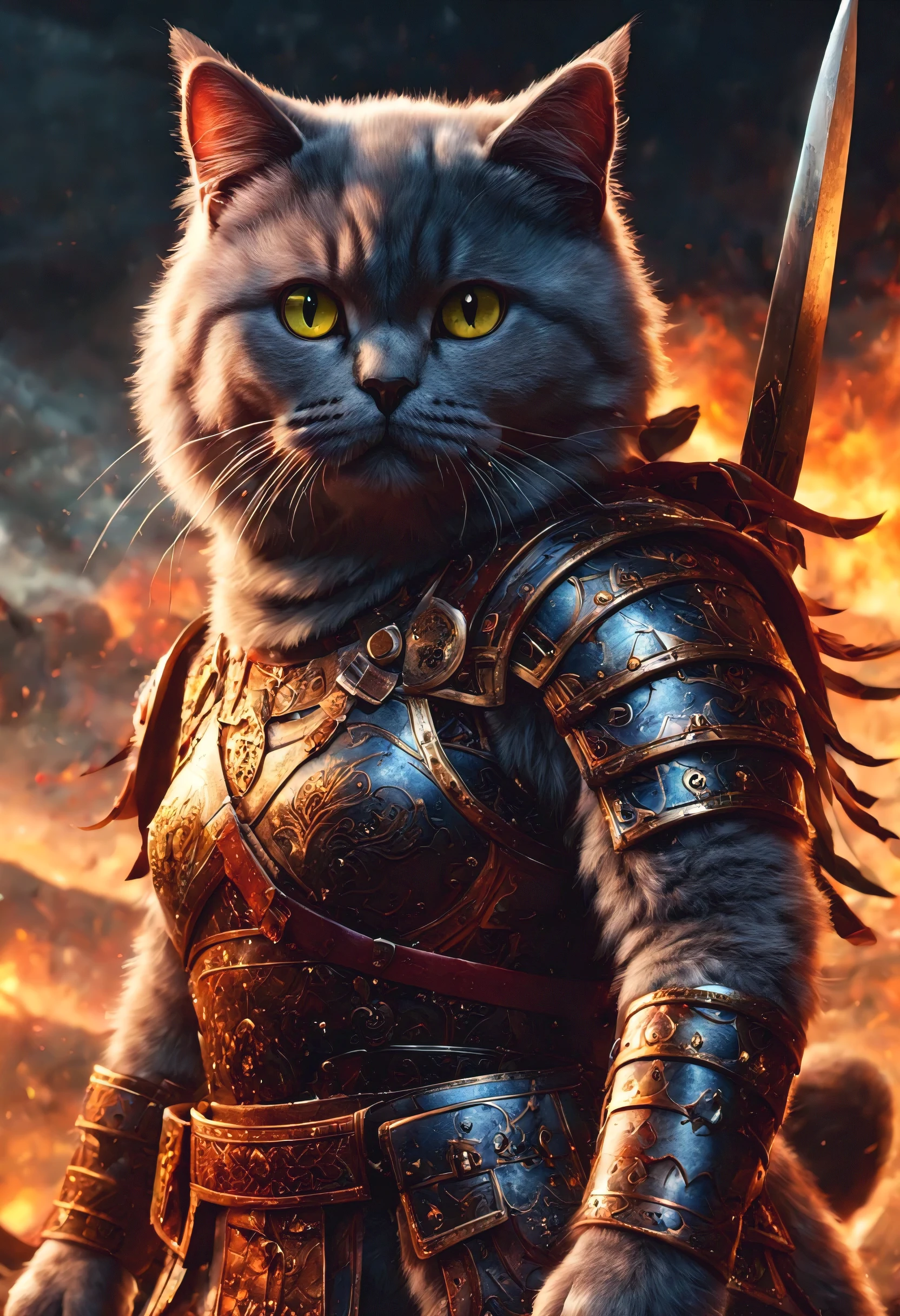 official art, unified 8k wallpaper, super detailed, Beautiful and beautiful, masterpiece, best quality, watching a film《lord of the ring》style of，Real scenes，Epic war scenes，(A fat British shorthair warrior cat:1.4)，Put on exquisite armor，Holding a long sword，In battle，The Great Wall background，cool color，texture，Ray tracing，