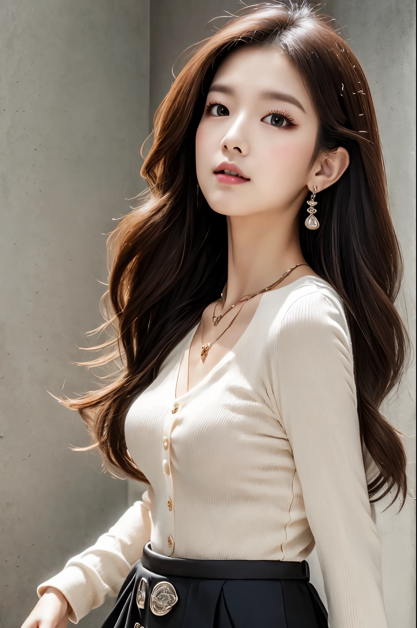 (Best quality, High resolution, Masterpiece :1.3), A tall and pretty lady, Slender abs, Dark brown hair styled in loose waves, Small breasts, Very thin waist, Wearing pendant, White button up shirt, Belt, Black skirt, (Modern architecture in background), Details exquisitely rendered in the face and skin texture, Detailed eyes, Double eyelid