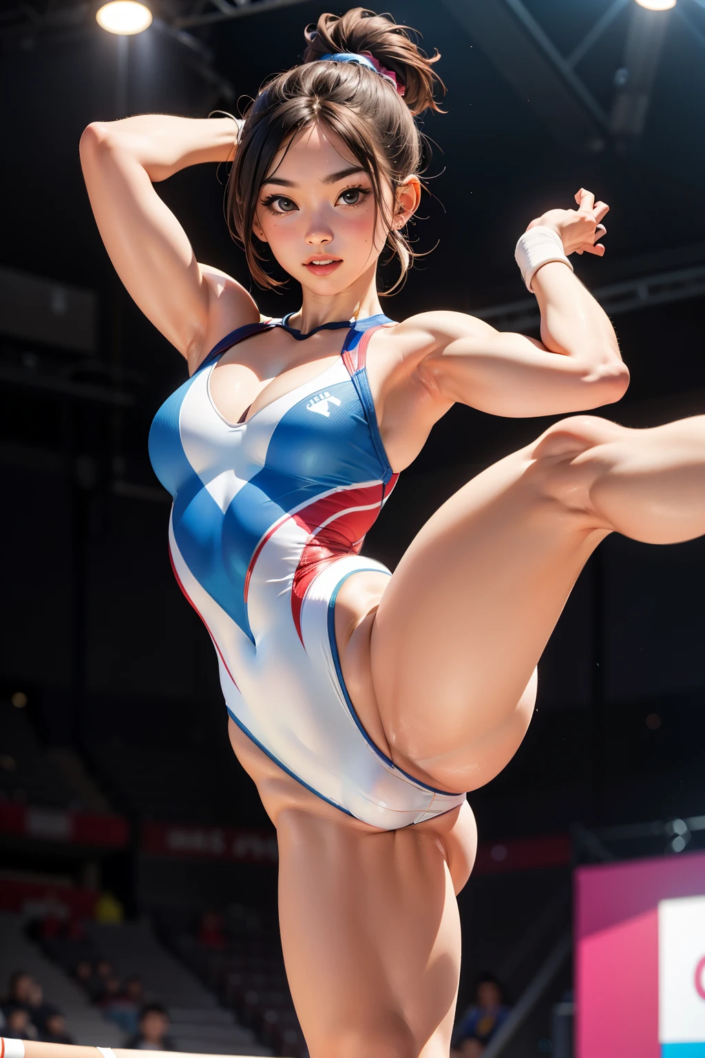 Female gymnast, cleavage, crotch emphasis, muscular beauty, curvaceous beauty, static pose, raising one leg, high-scoring performance,