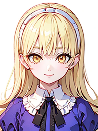 nsfw,Pushed down by the bet、Alice、美girl、girl、delicate、beautiful, whole body, smile, smile alicesmt, dress, long hair, blonde hair, hair band, dull bangs, puffy sleeves, blue dress, yellow eyes