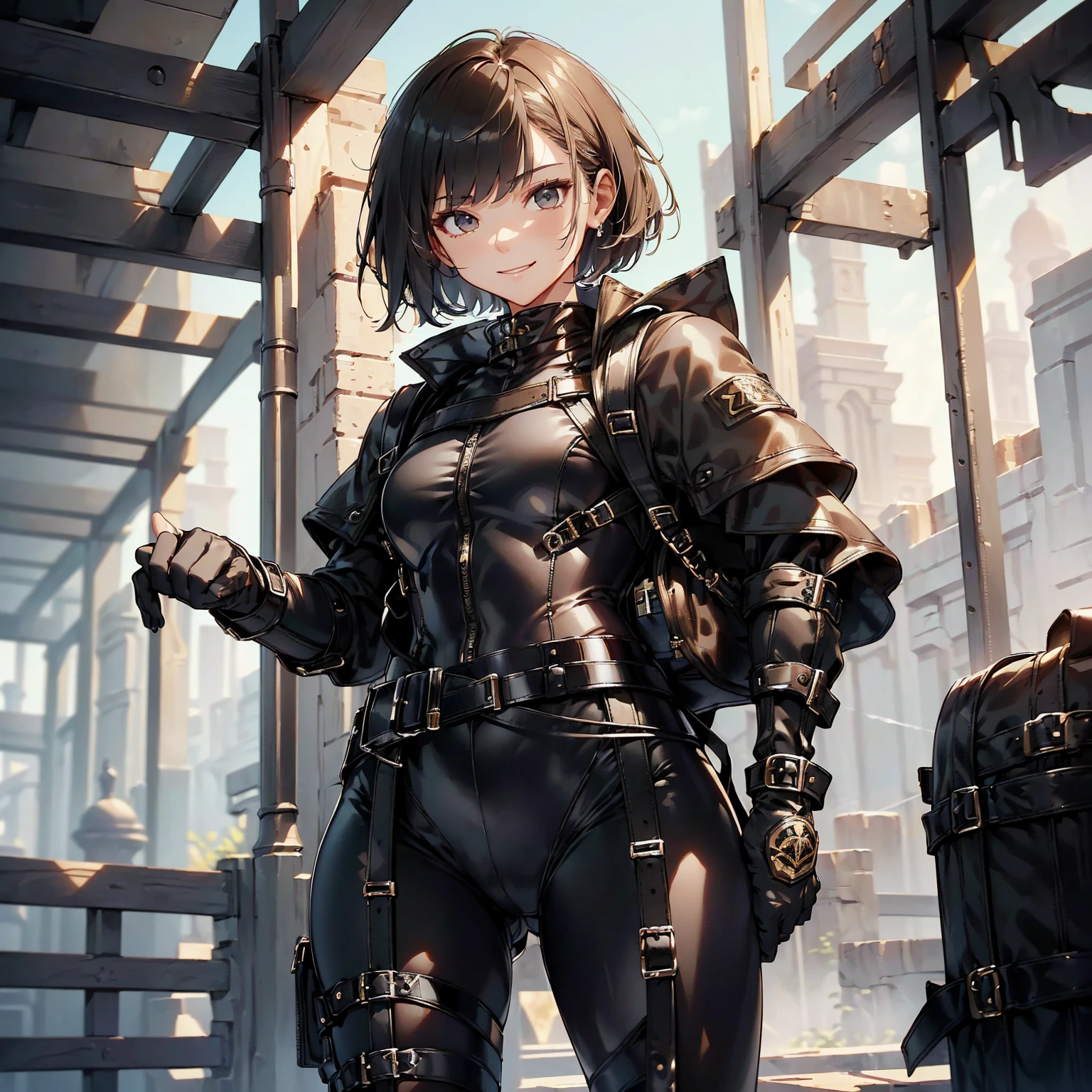 (masterpiece、highest quality、highest resolution、clear_image、detailed details): (whole body、18 year old female fighter,Slender、small face、black super bob short hair、Shiny black tight combat uniform,tight suit、Gentle smile、Backpack)