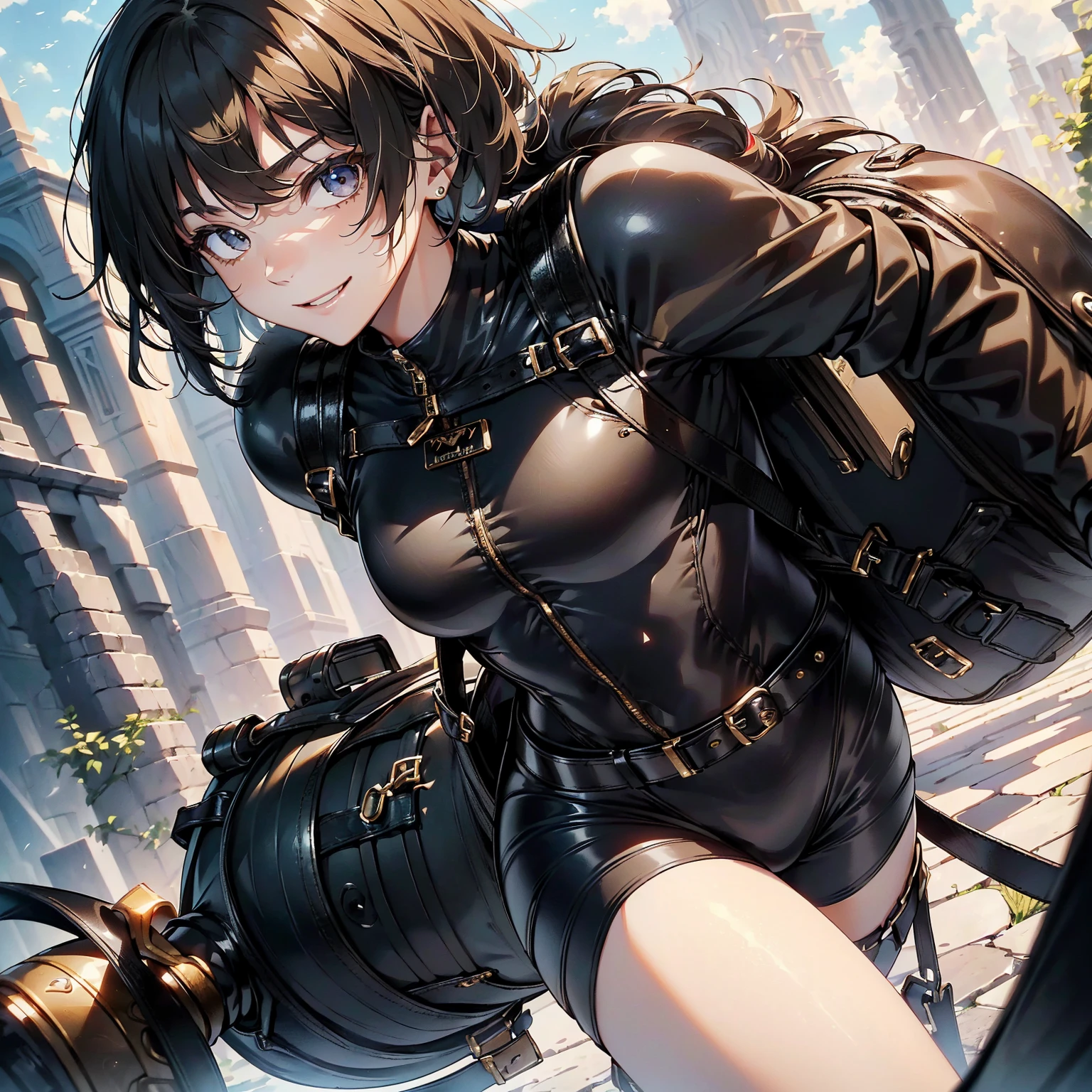 (masterpiece、highest quality、highest resolution、clear_image、detailed details): (whole body、18 year old female fighter,Slender、small face、black super bob short hair、Shiny black tight combat uniform,tight suit、Gentle smile、Backpack)
