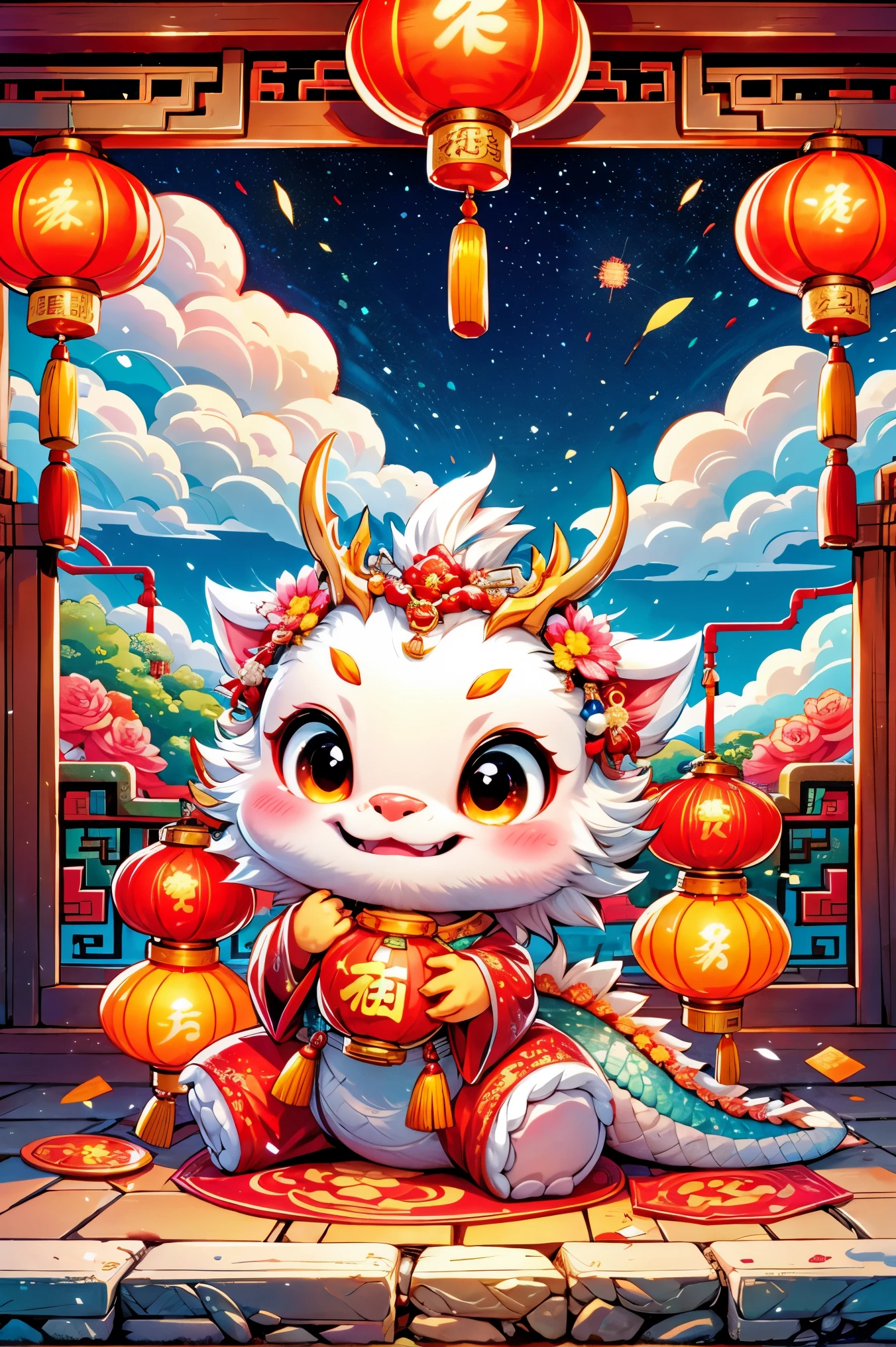 1 Chinese dragon，[(Chinese palace background:1.5)::5]，medium shot，Chinese style，Spring Festival，lantern，fireworks，firecracker，Floral fragrance，stone fragment，Beautiful and delicate water，moiré floor，Cute Chinese Dragon