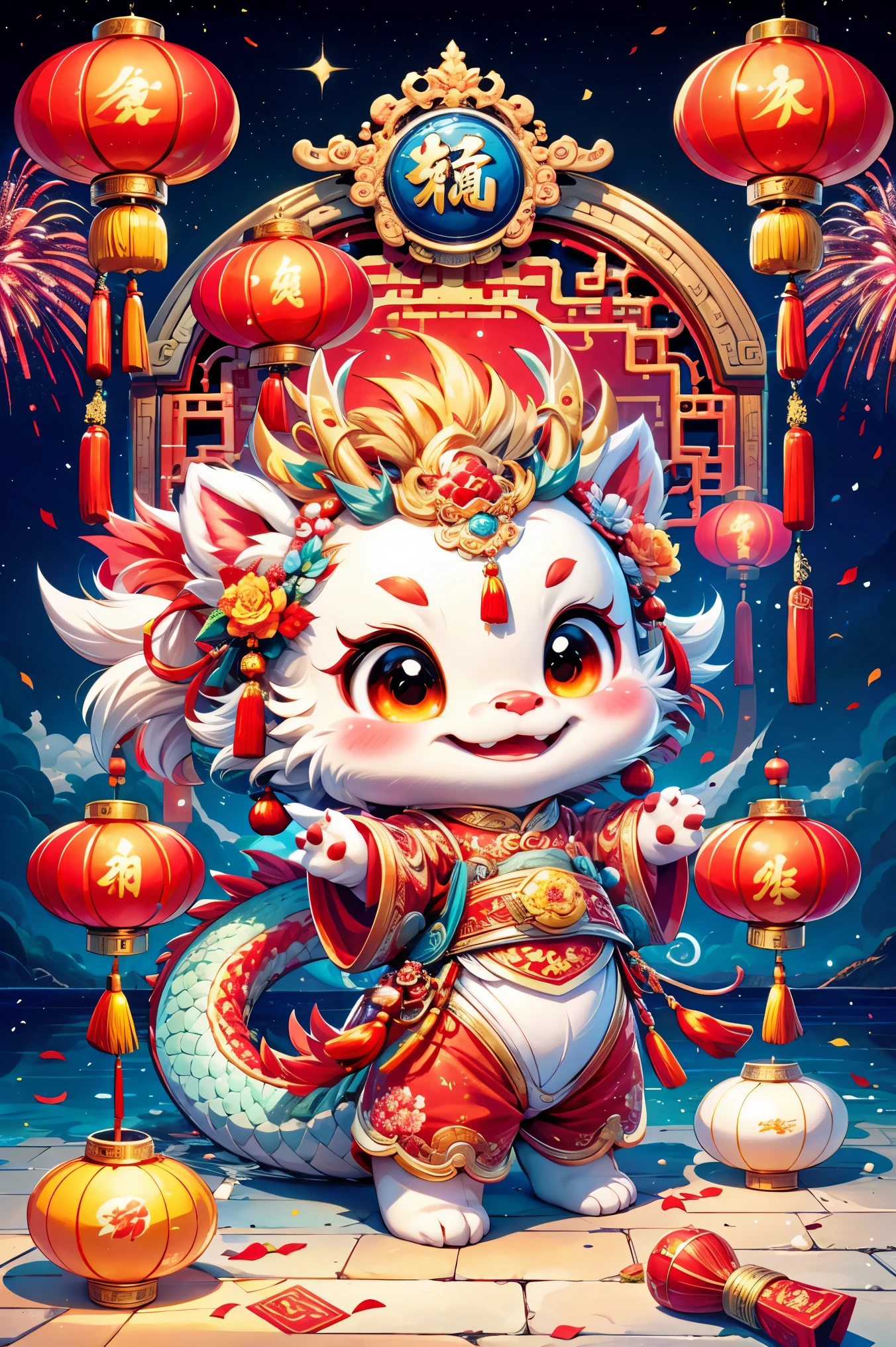 1 Chinese dragon，Chinese red palace background，medium shot，Chinese style，Spring Festival，lantern，fireworks，firecracker，Floral fragrance，stone fragment，Beautiful and delicate water，moiré floor，Cute Chinese Dragon