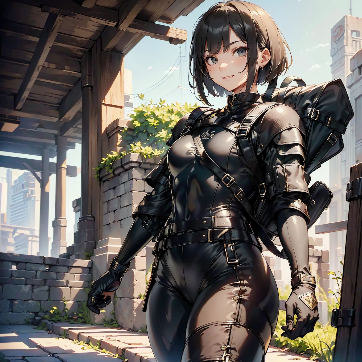 (masterpiece、highest quality、highest resolution、clear_image、detailed details): (whole body、18 year old female fighter,Slender、small face、black super bob short hair、Shiny black tight combat uniform,tight suit、Gentle smile、Backpack)