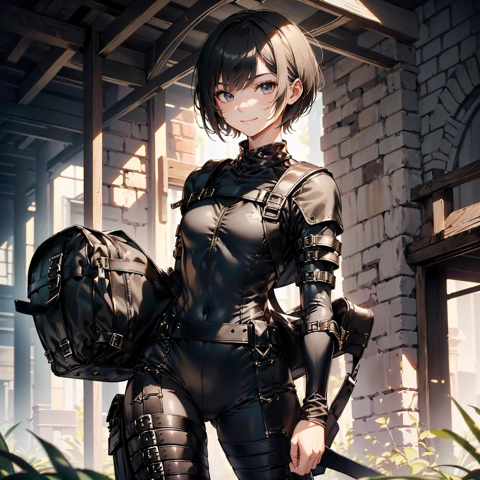 (masterpiece、highest quality、highest resolution、clear_image、detailed details): (whole body、18 year old female fighter,Slender、small face、black super bob short hair、Shiny black tight combat uniform,tight suit、Gentle smile、Backpack)
