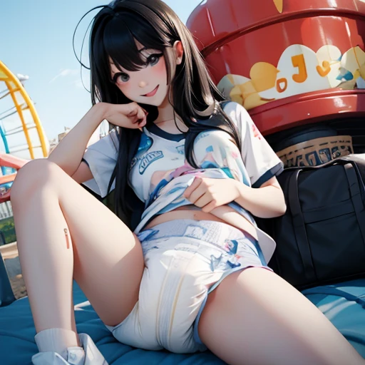 cute kpop girl, pee diaper, wet diaper, smile, long hair, black hair, amusement park, 3d, photorealistic, realistic
