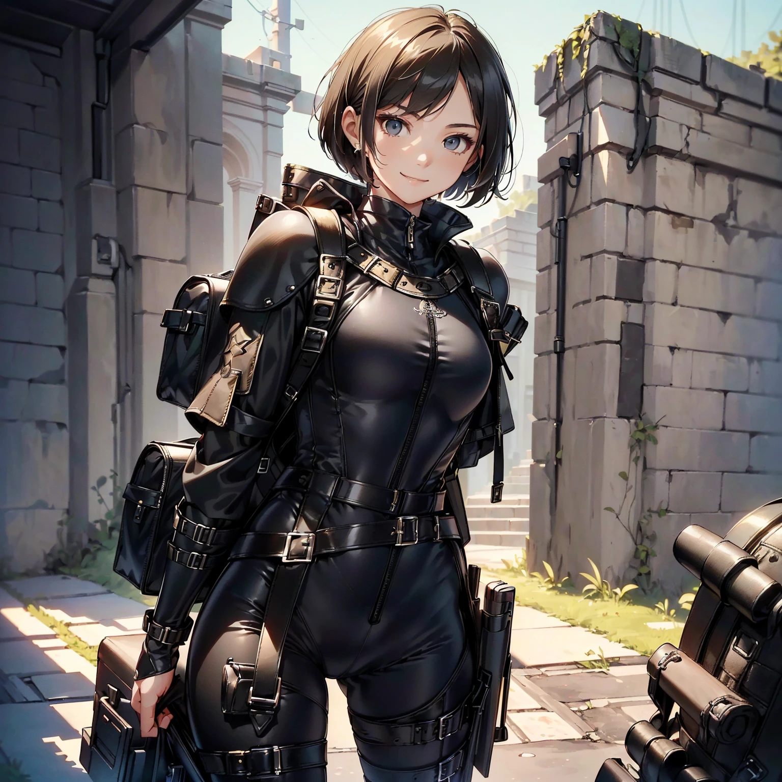 (masterpiece、highest quality、highest resolution、clear_image、detailed details): (whole body、18 year old female fighter,Slender、small face、black super bob short hair、Shiny black tight combat uniform,tight suit、Gentle smile、Backpack)
