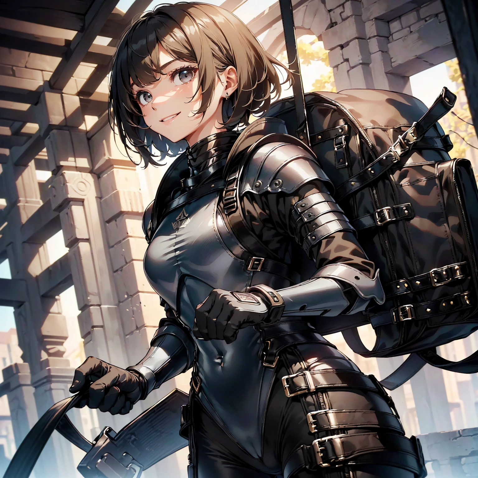 (masterpiece、highest quality、highest resolution、clear_image、detailed details): (whole body、18 year old female fighter,Slender、small face、black super bob short hair、Shiny black tight combat uniform,tight suit、Gentle smile、Backpack)
