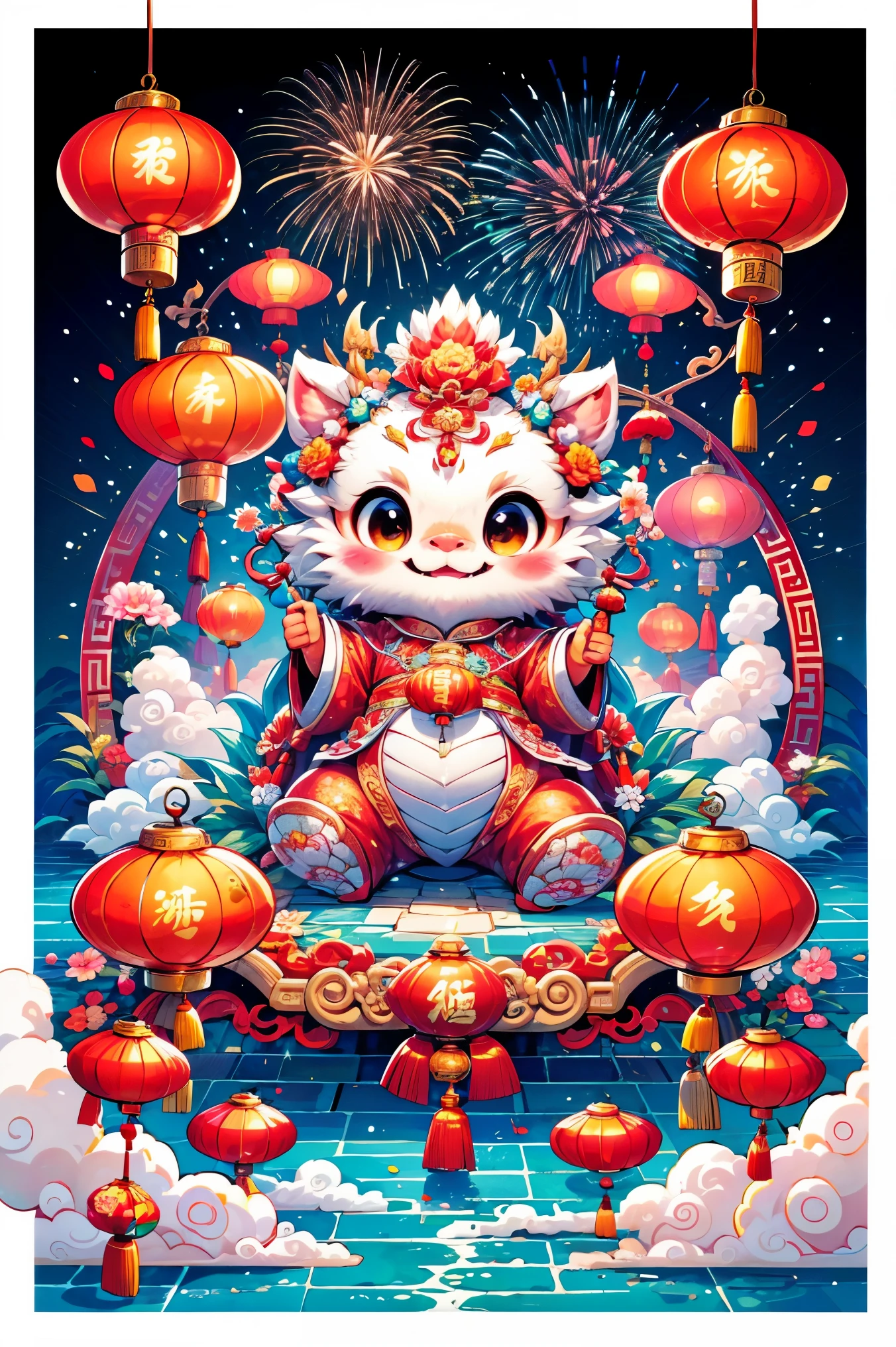 1 Chinese dragon,Chinese red palace background,medium shot,Chinese style,Spring Festival,lantern,fireworks,firecracker,Floral fragrance,stone fragment,Beautiful and delicate water,moiré floor,Cute Chinese Dragon